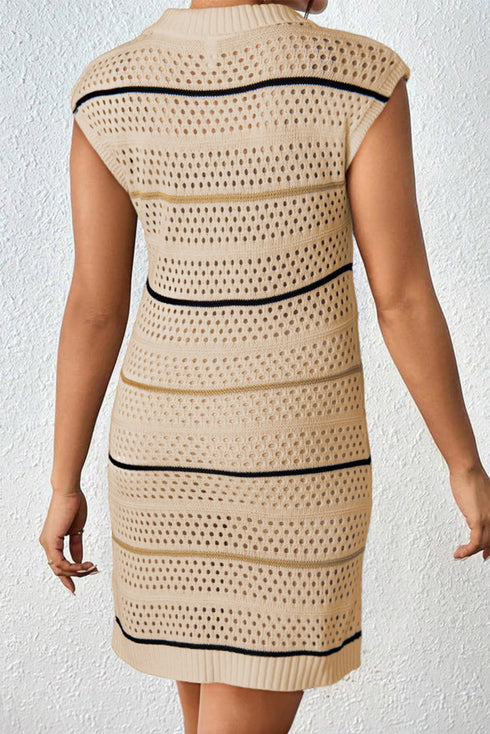 Apricot Beach Eyelet Crochet Knit Striped Detail Polo Tee Dress