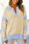 Sky Blue Stripe Contrasting Polo Collar Color Block Knit Drop Shoulder Sweater