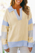 Sky Blue Stripe Contrasting Polo Collar Color Block Knit Drop Shoulder Sweater