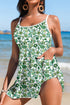 Green Floral Print Ricrac Trim Spaghetti Strap One Piece Swim Dress