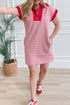 Red Stripe Quarter Zip Polo Collar T Shirt Dress with Pockets
