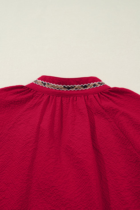 Racing Red Leopard Jacquard Print V Neck Textured Blouse