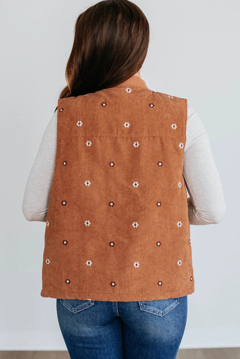Gold Flame Corduroy Flower Embroidered Zipped Vest