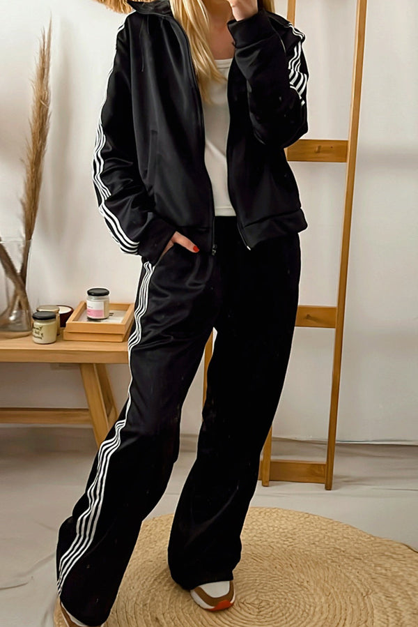 Black Varsity Striped Detail Jacket and Loose Pants 2pcs Tracksuit