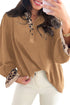 Camel Contrast Leopard Print Patchwork Polo Collar Buttons Front Ruffled Long Sleeve Blouse