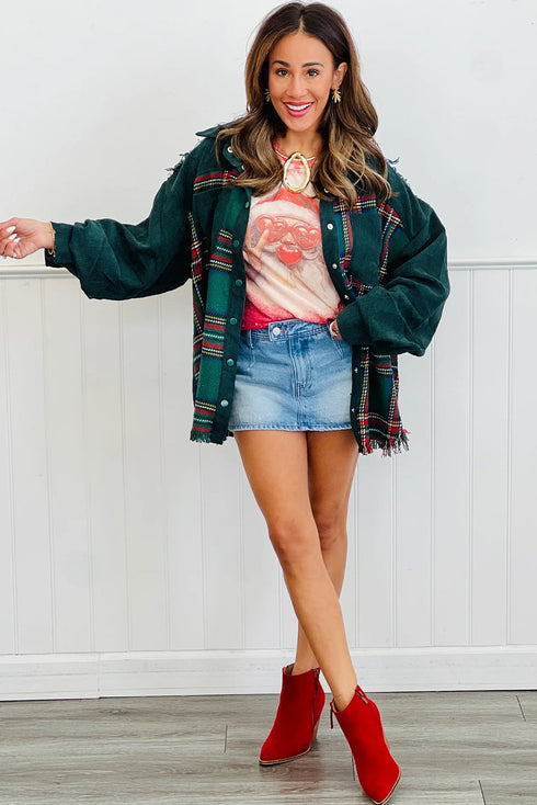 Green Plaid Tweed Corduroy Patchwork Snap Button Raw Hem Shacket