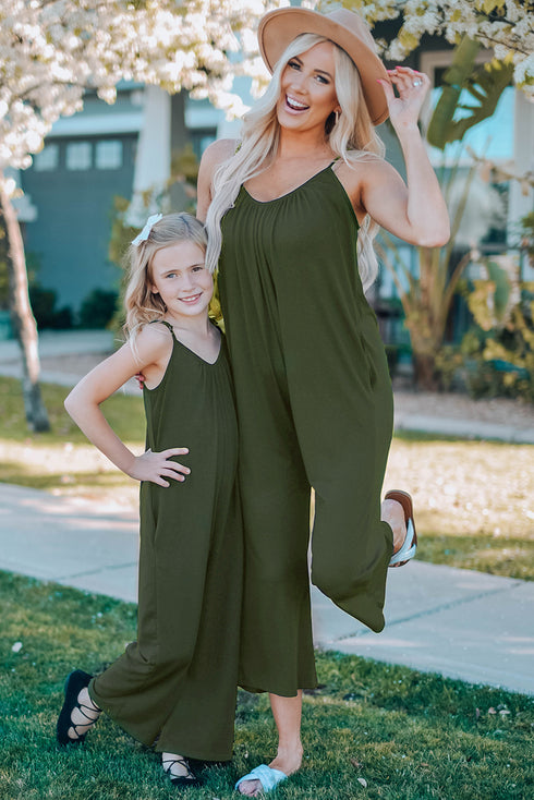 Green Spaghetti Straps Wide Leg Pocketed Jumpsuits