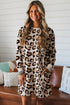 Khaki Leopard Long Sleeve Shift T Shirt Dress with Pockets