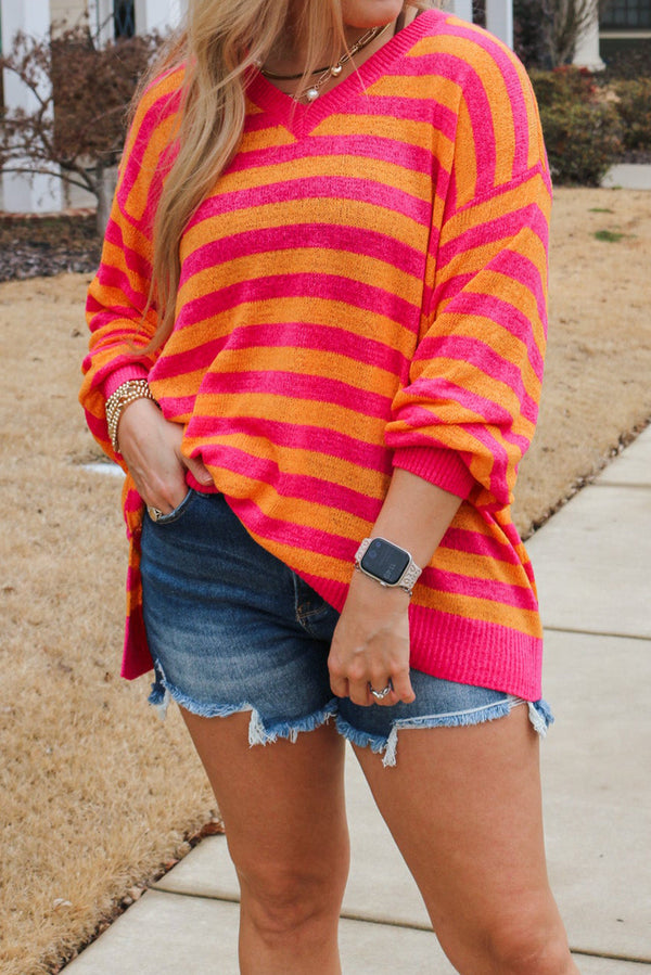 Beige Stripe V Neck Loose Fit Plus Sweater with Slits