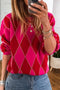 Rose Red Glitter Rhombus Pattern Knit Womens Casual Sweater