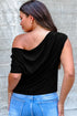 Black Plus Size Solid Color Asymmetric Neck Short Sleeve Blouse