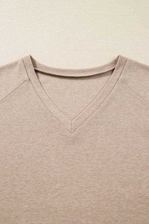 Oatmeal V Neck Contrast Lace Patchwork Long Sleeve Top