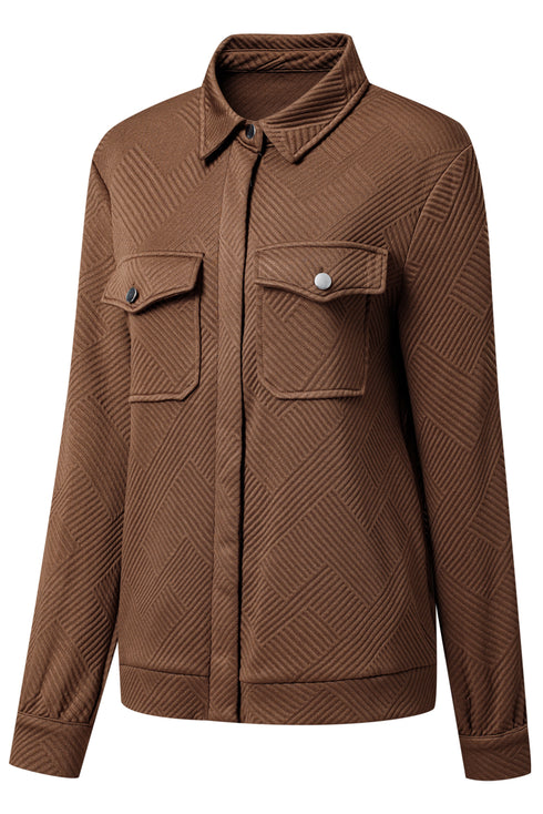 Coffee Solid Color Zip Up Button Flap Pocket Shirt Collar Jackets