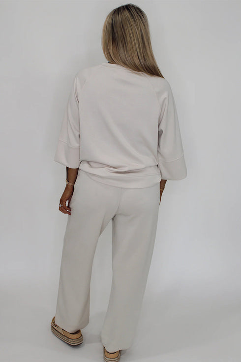 Jet Stream Solid Color 3/4 Loose Pullover Drawstring Pants 2pcs Outfit