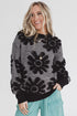 Black Plush Flower Pattern Drop Shoulder Sweater