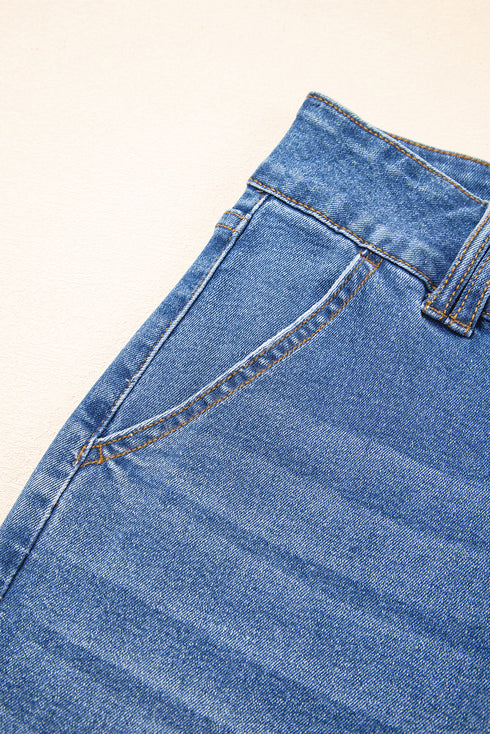 Sky Blue Double Button Zip Fly Straight Leg Jeans