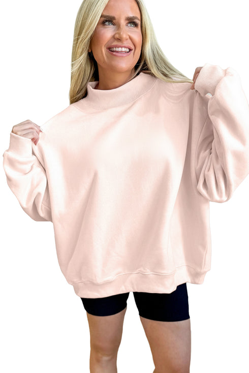 Apricot Pink Oversize Blessed Embroidered Mock Neck Sweatshirt