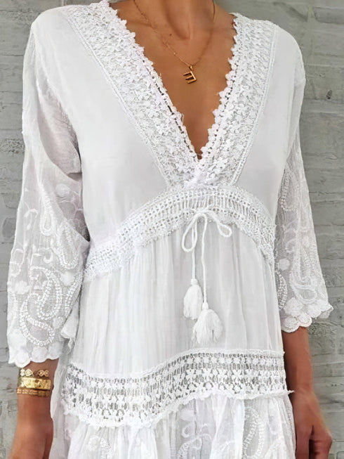 v-neck-print-3-4-sleeve-hollow-dress