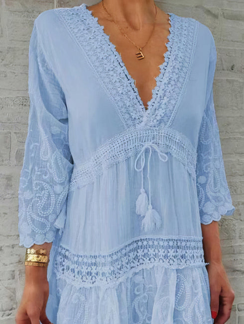 v-neck-print-3-4-sleeve-hollow-dress