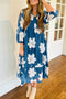 Blue Floral Print Shirt Collar V Neck 3/4 Sleeve Shift Midi Dress