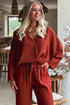 Red Clay Braided Trim V Neck Oversize Top Drawstring Pants Loose 2pcs Outfit