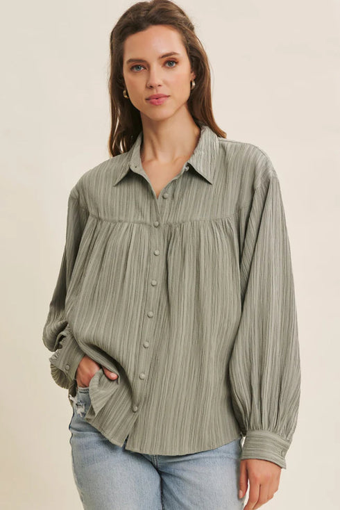 Smoke Green Crinkled Texture Lantern Sleeve Button Down Loose Shirt