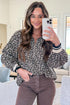 Khaki Leopard Print Half Zip up Blouse