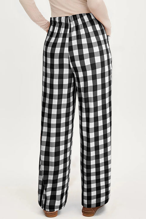 Black Checkered Print Double Pocketed Drawstring Casual Pants