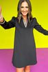 Black Striped Trim V Neck Collared Long Sleeve Shift Mini Dress