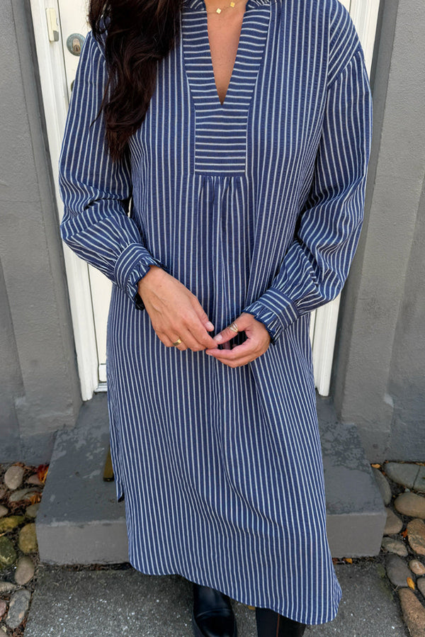 Blue Stripe Plus Size V Neck Side Slit Long Sleeve Shift Midi Dress