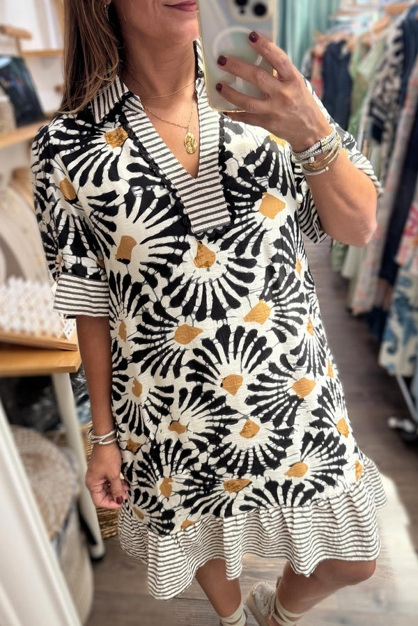 Black Abstract Floral Print Striped Collar Ruffle Hem Mini Dress