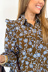 Brown Floral Print Ruffled Detail Shirt Collar Button Down Long Sleeve Dress