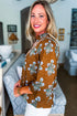 Brown Floral Print 3/4 Sleeve Contrast V Neck Patchwork Blouse