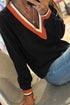 Black Contrast Striped Trim V Neck Varsity Sweater