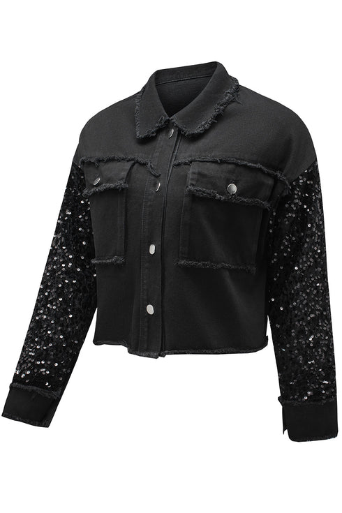 black-sequin-sleeve-pocketed-raw-hem-denim-jacket