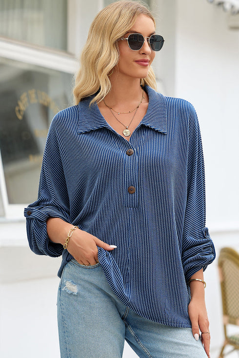 Navy Blue Oversized Twist Ribbed Collared Henley Top with Roll up Sleeve