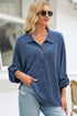 Navy Blue Oversized Twist Ribbed Collared Henley Top with Roll up Sleeve