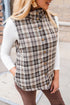 Brown Retro Plaid Print Snap Button Stand Neck Vest