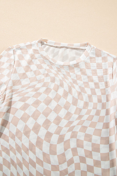 Khaki Checkered Pattern Mesh Mock Neck Long Sleeve Top