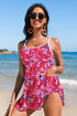 Rose Floral Print Ricrac Trim Spaghetti Strap One Piece Swim Dress