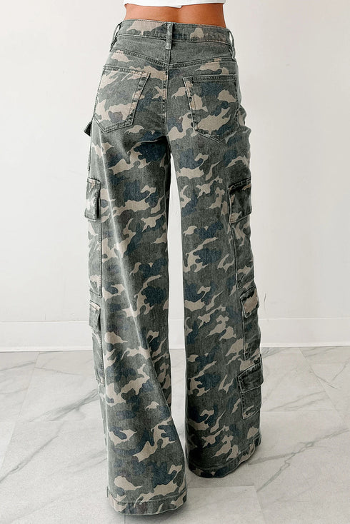 Green Camo Denim Cargo Wide Leg Pants