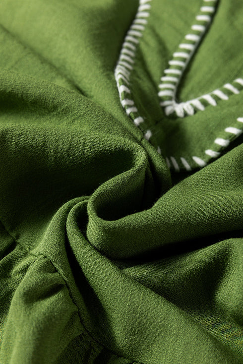 Jungle Green Contrast Stitched V Neck 3/4 Sleeve Tiered Mini Dress