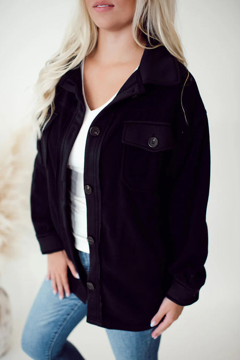 Black Solid Color Exposed Seam Patchwork Button Down Fleece Shacket