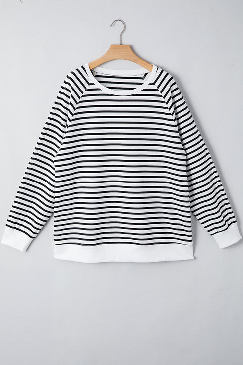 Black Stripe Raglan Sleeve Side Slits Loose Sweatshirt