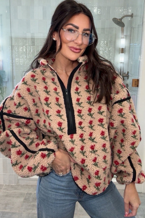 Green Floral Print Sherpa Half Zip Baggy Sweatshirt