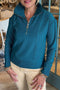 Prussian Blue Zip up Polo Collared Ribbed Sweatshirt