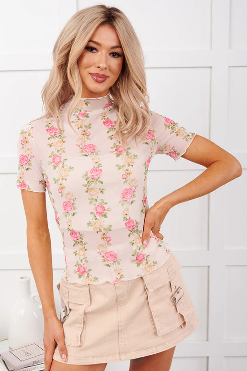 Beige Floral Print Mock Neck Short Sleeve Mesh Top