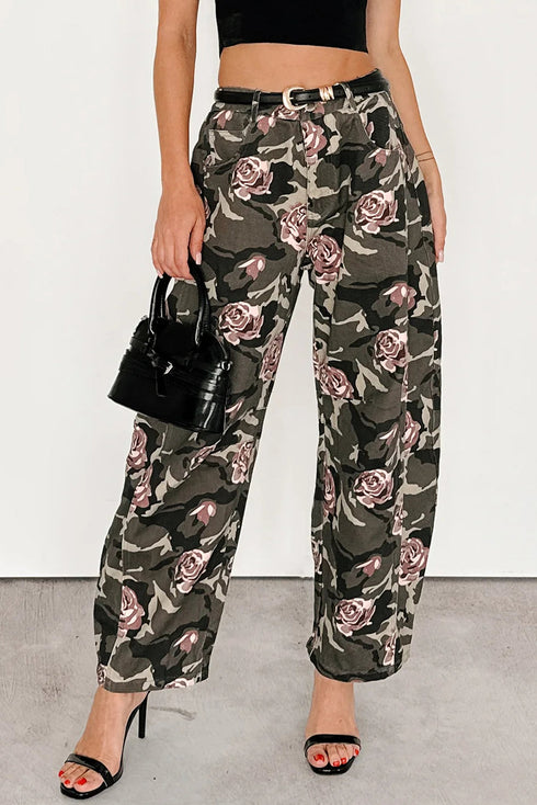 Green Camouglage Floral Print Boyfriend Casual Pants