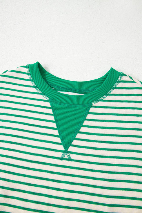 Bright Green Contrast Detail Striped Ruffle Short Sleeve Top