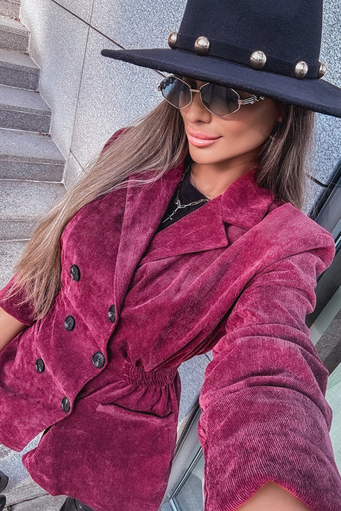 Pitaya Pink Corduroy Double Breasted Smocked Waist Blazer